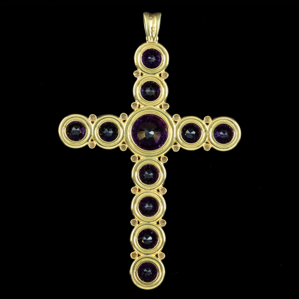 Vintage Amethyst Diamond Cross Pendant 18ct Gold 