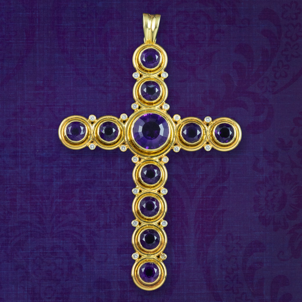 Vintage Amethyst Diamond Cross Pendant 18ct Gold 