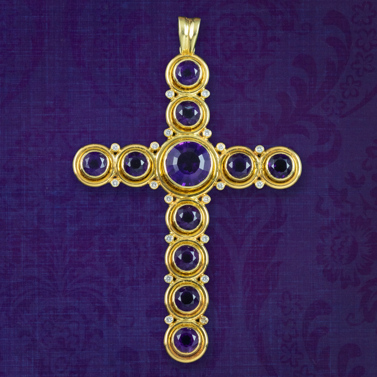 Vintage Amethyst Diamond Cross Pendant 18ct Gold 