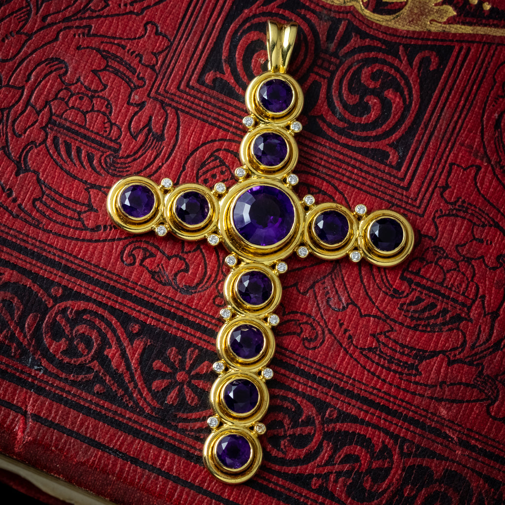 Vintage Amethyst Diamond Cross Pendant 18ct Gold 