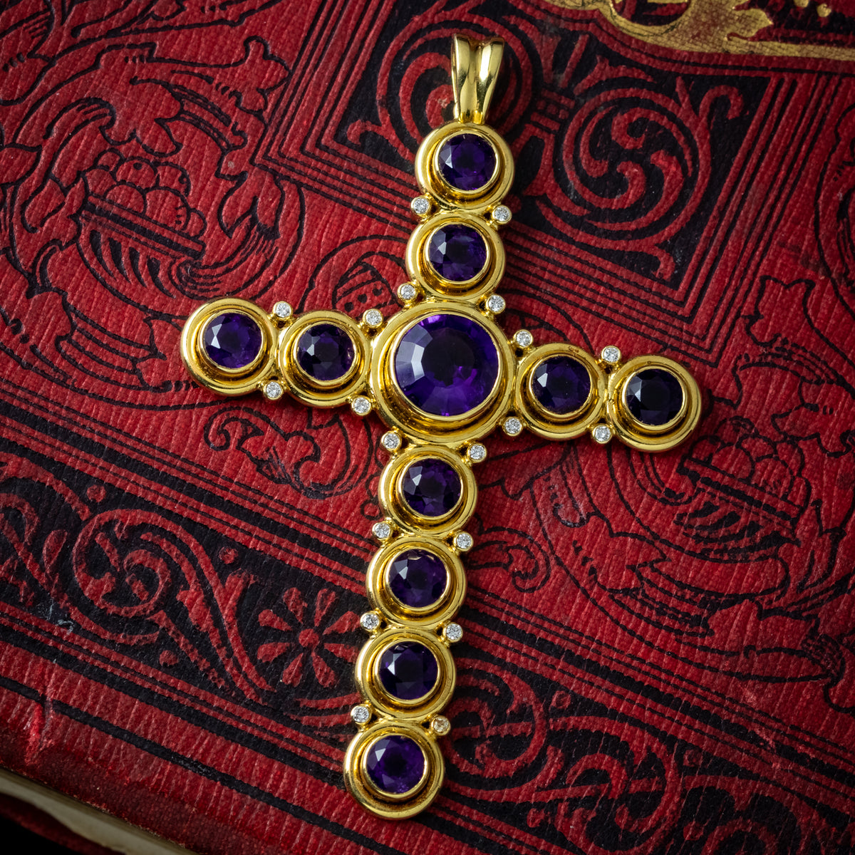 Vintage Amethyst Diamond Cross Pendant 18ct Gold 