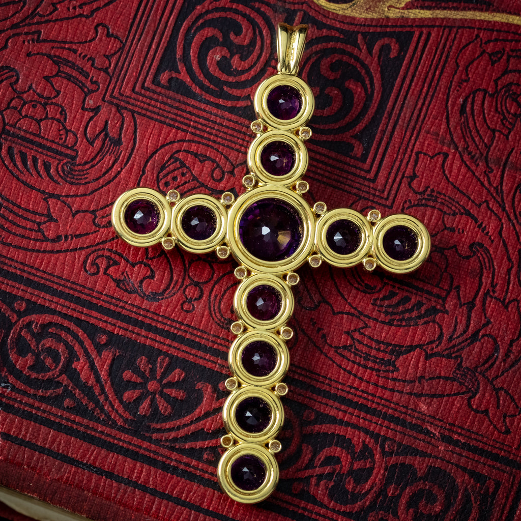 Vintage Amethyst Diamond Cross Pendant 18ct Gold 