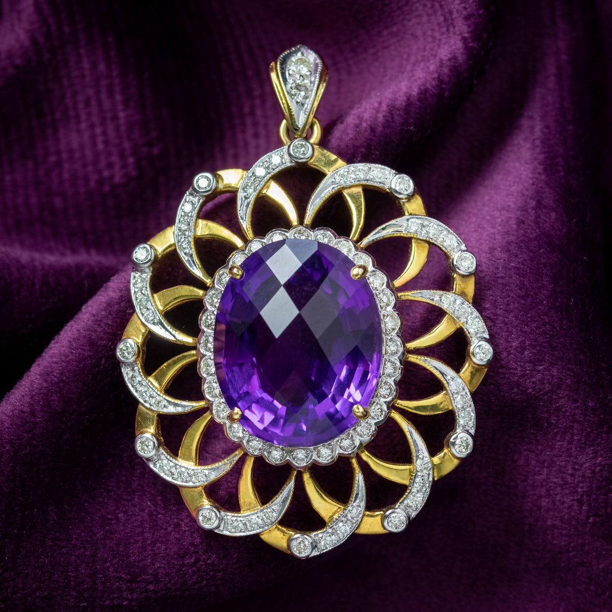 Vintage Amethyst Diamond Pendant 18ct Gold 12ct Amethyst