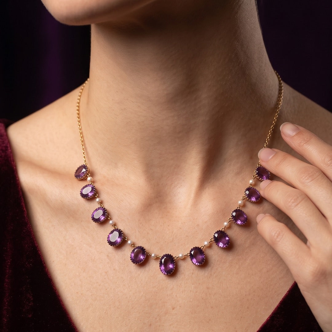 Vintage Amethyst Pearl Fringe Necklace 9ct Gold Dated 1976
