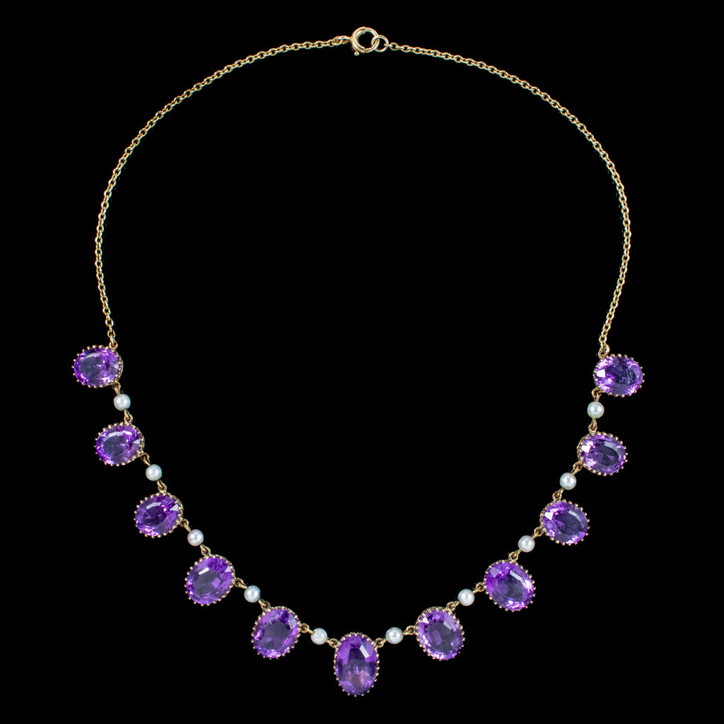 Vintage Amethyst Pearl Necklace 9ct Gold 27ct Of Amethyst Dated 1976