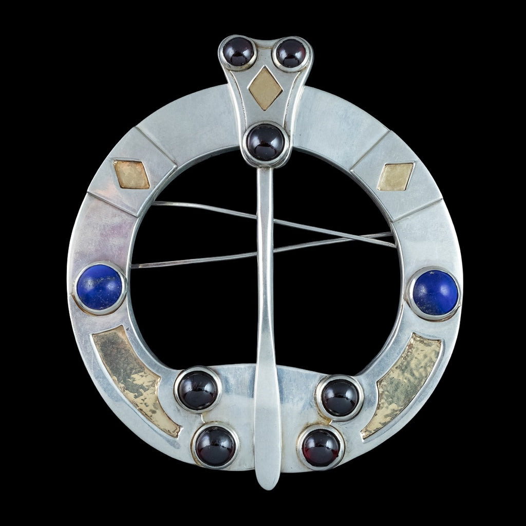 Vintage Celtic Penannular Brooch Garnet Lapis Lazuli Sterling Silver 