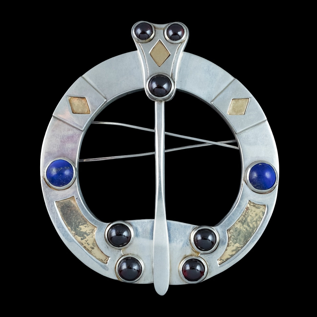 Vintage Celtic Penannular Brooch Garnet Lapis Lazuli Sterling Silver 