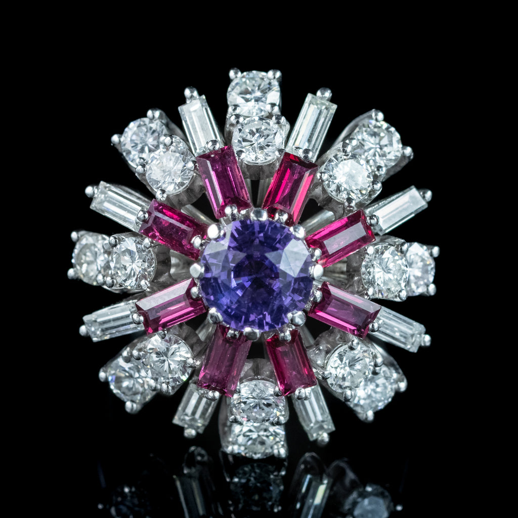 Vintage Cluster Cocktail Ring Violet Sapphire Ruby Diamond