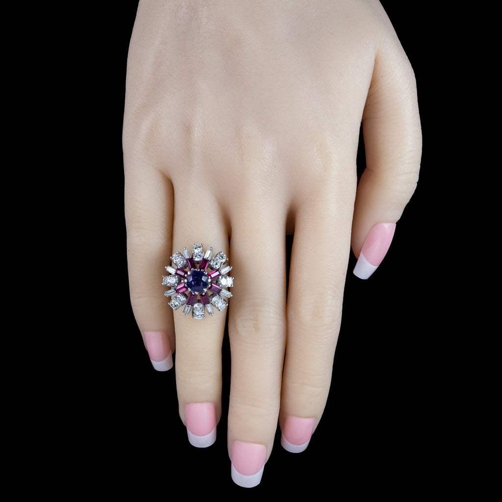 Vintage Cluster Cocktail Ring Violet Sapphire Ruby Diamond