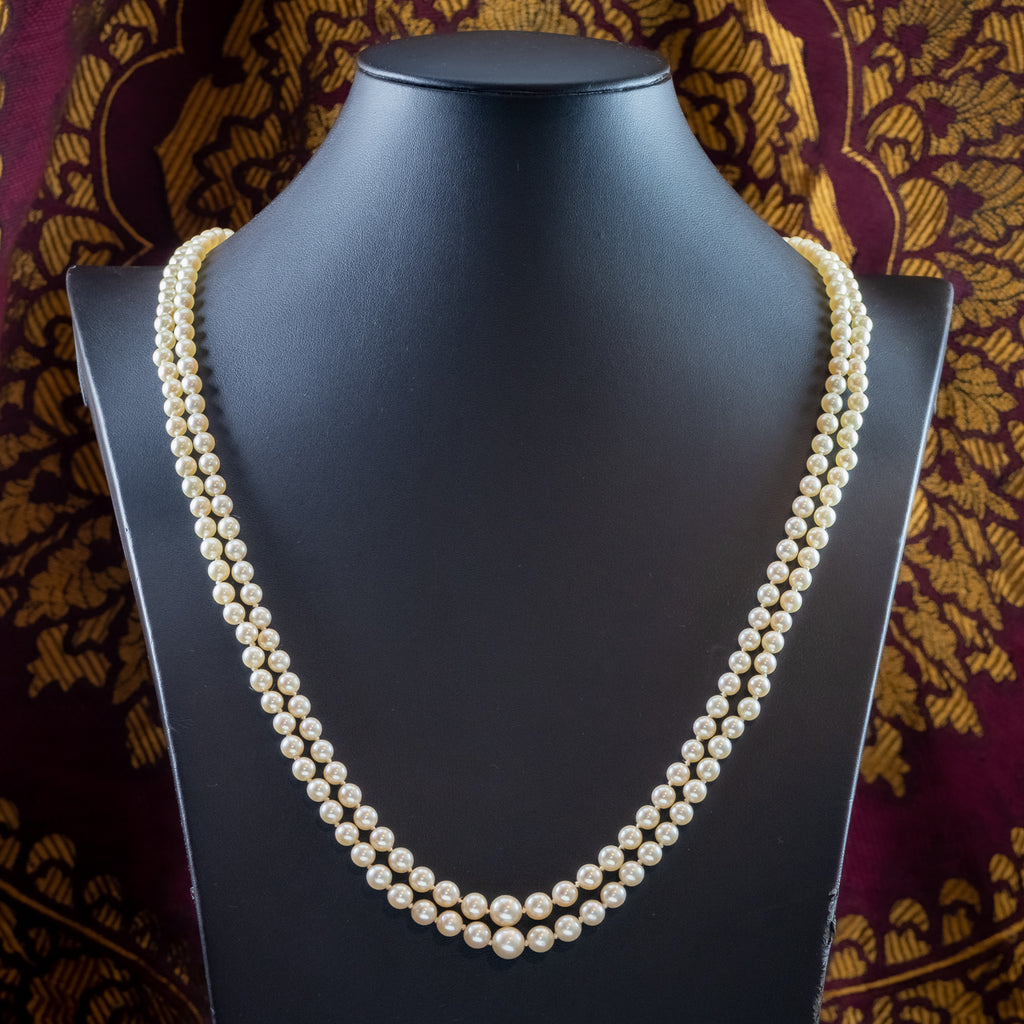 Vintage Double Strand Pearl Necklace Ruby Diamond Clasp With Cert