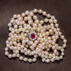 Vintage Double Strand Pearl Necklace Ruby Diamond Clasp With Cert