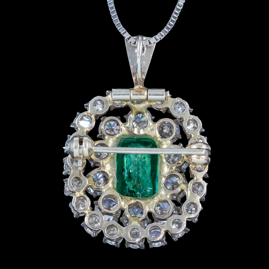 Vintage Emerald Diamond Brooch Pendant Necklace 14ct Gold 2.5ct Emerald 