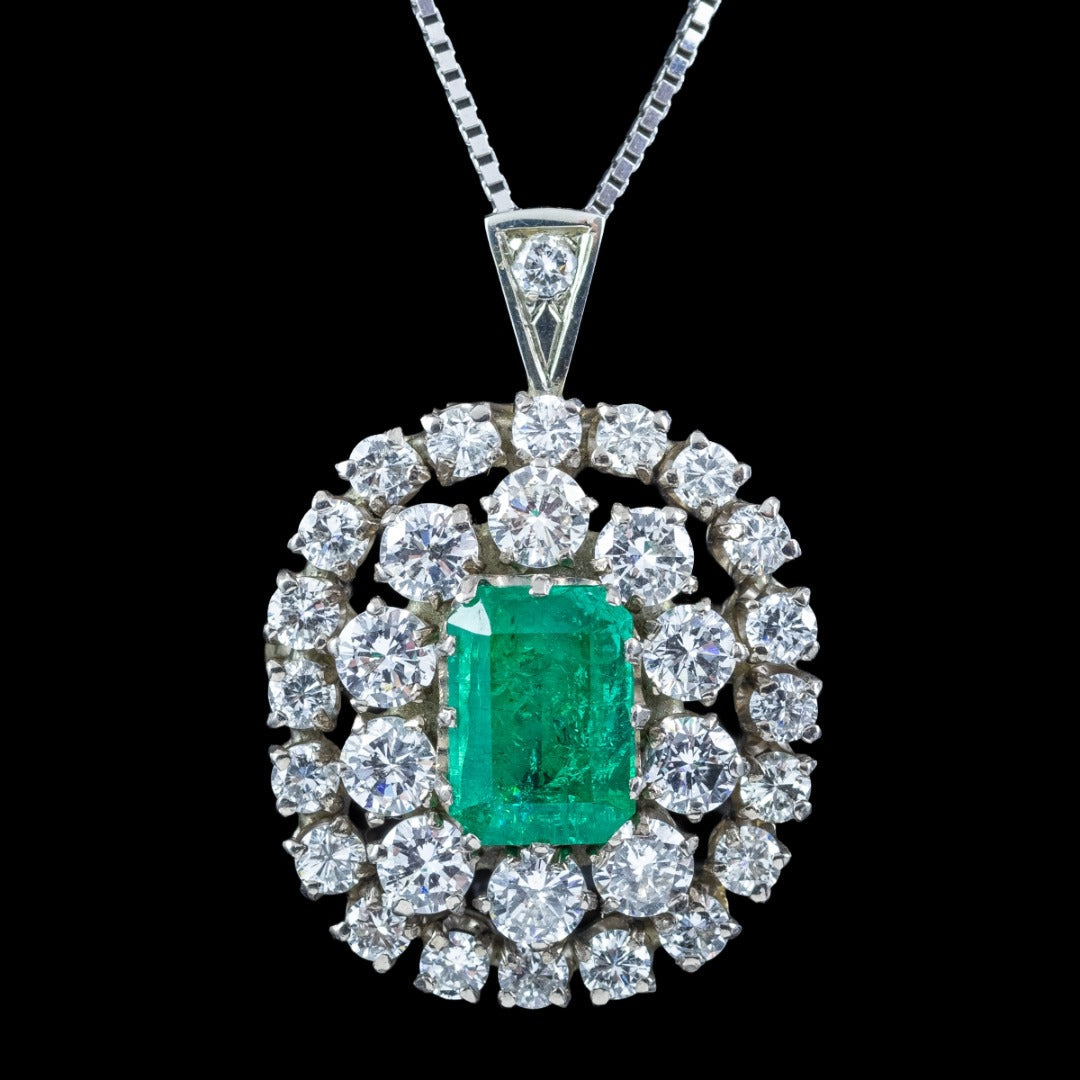 Vintage Emerald Diamond Brooch Pendant Necklace 14ct Gold 2.5ct Emerald 