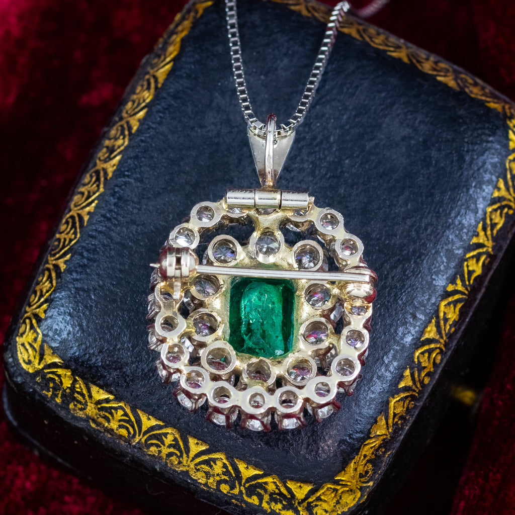 Vintage Emerald Diamond Brooch Pendant Necklace 14ct Gold 2.5ct Emerald