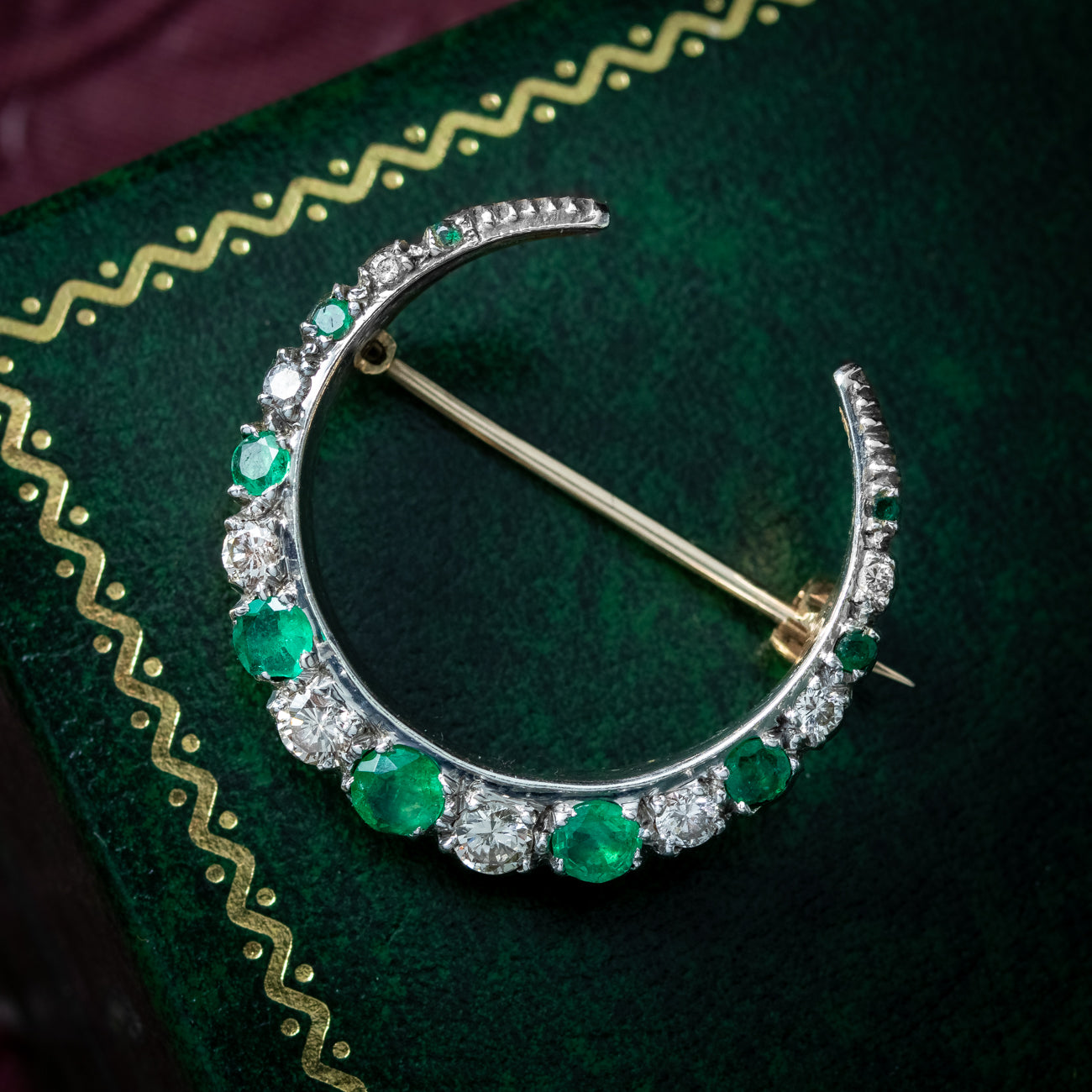 Vintage Emerald Diamond Crescent Moon Brooch 9ct Gold Secondary image