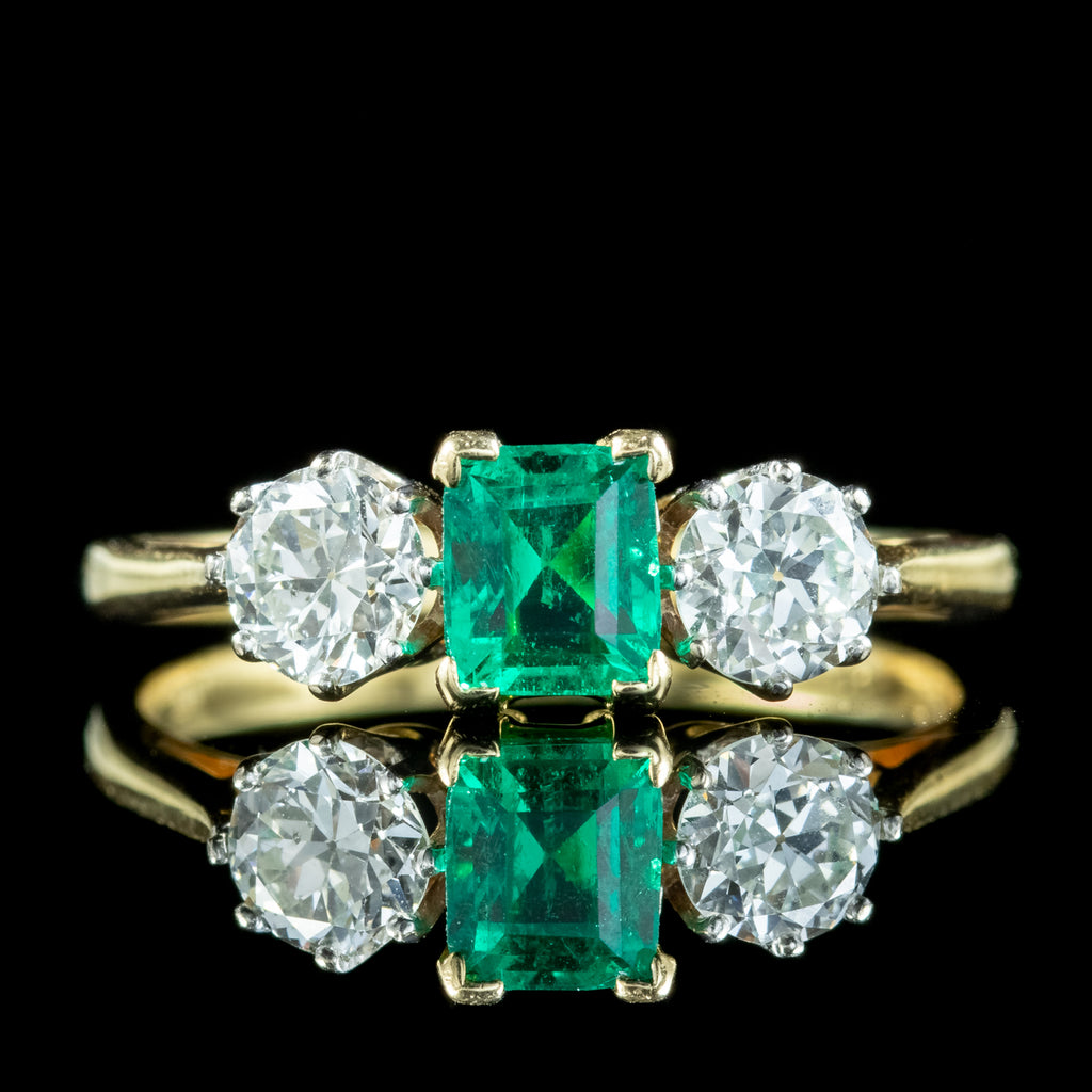 Vintage Emerald Diamond Trilogy Ring 0.84ct Colombian Emerald Dated 1982