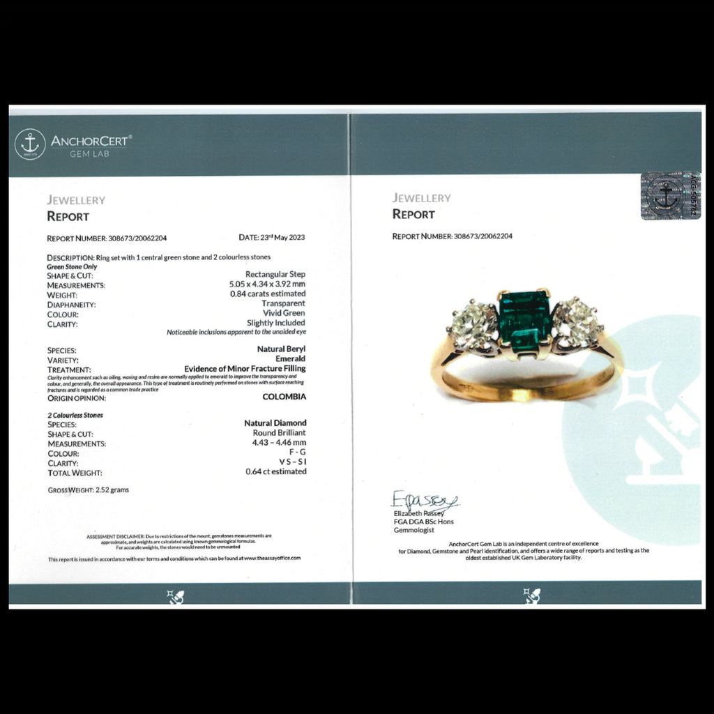 Vintage Emerald Diamond Trilogy Ring 0.84ct Colombian Emerald Dated 1982