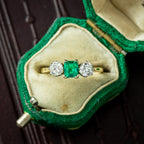 Vintage Emerald Diamond Trilogy Ring 0.84ct Colombian Emerald Dated 1982