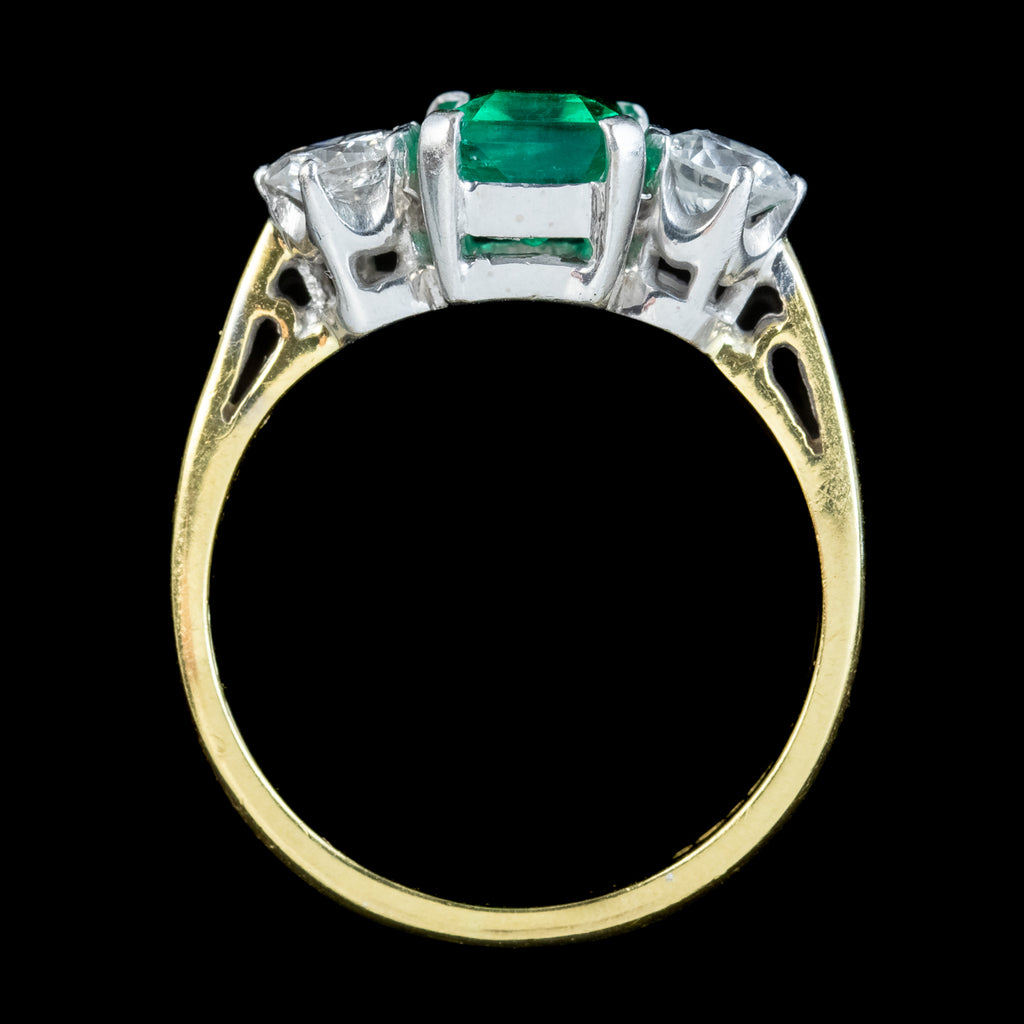 Vintage Emerald Diamond Trilogy Ring 1.5ct Emerald 