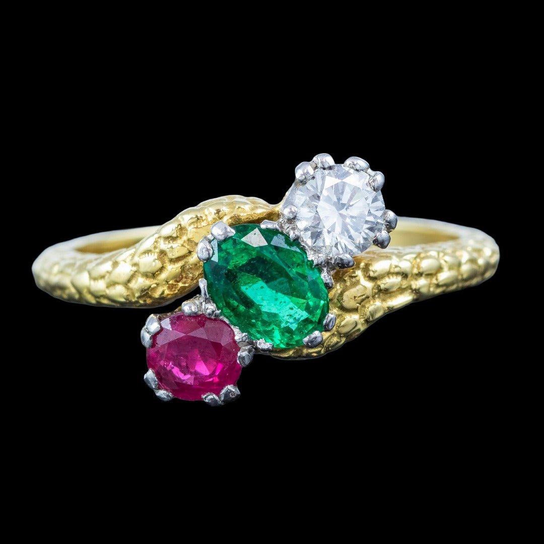 Vintage Emerald Ruby Diamond Trilogy Twist Ring Dated 1968