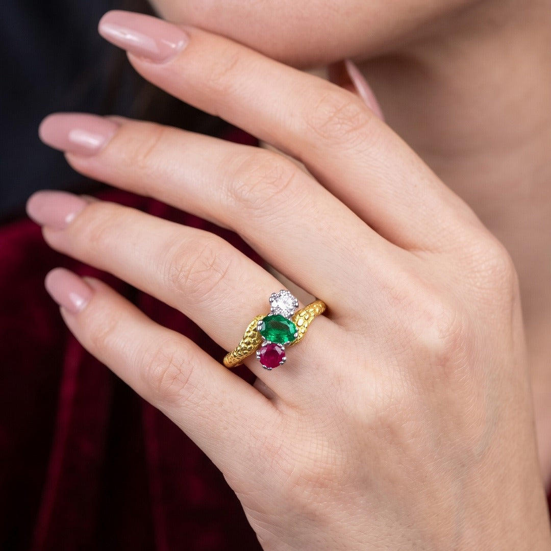 Vintage Emerald Ruby Diamond Trilogy Twist Ring Dated 1968 Secondary image