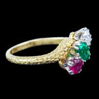 Vintage Emerald Ruby Diamond Trilogy Twist Ring Dated 1968