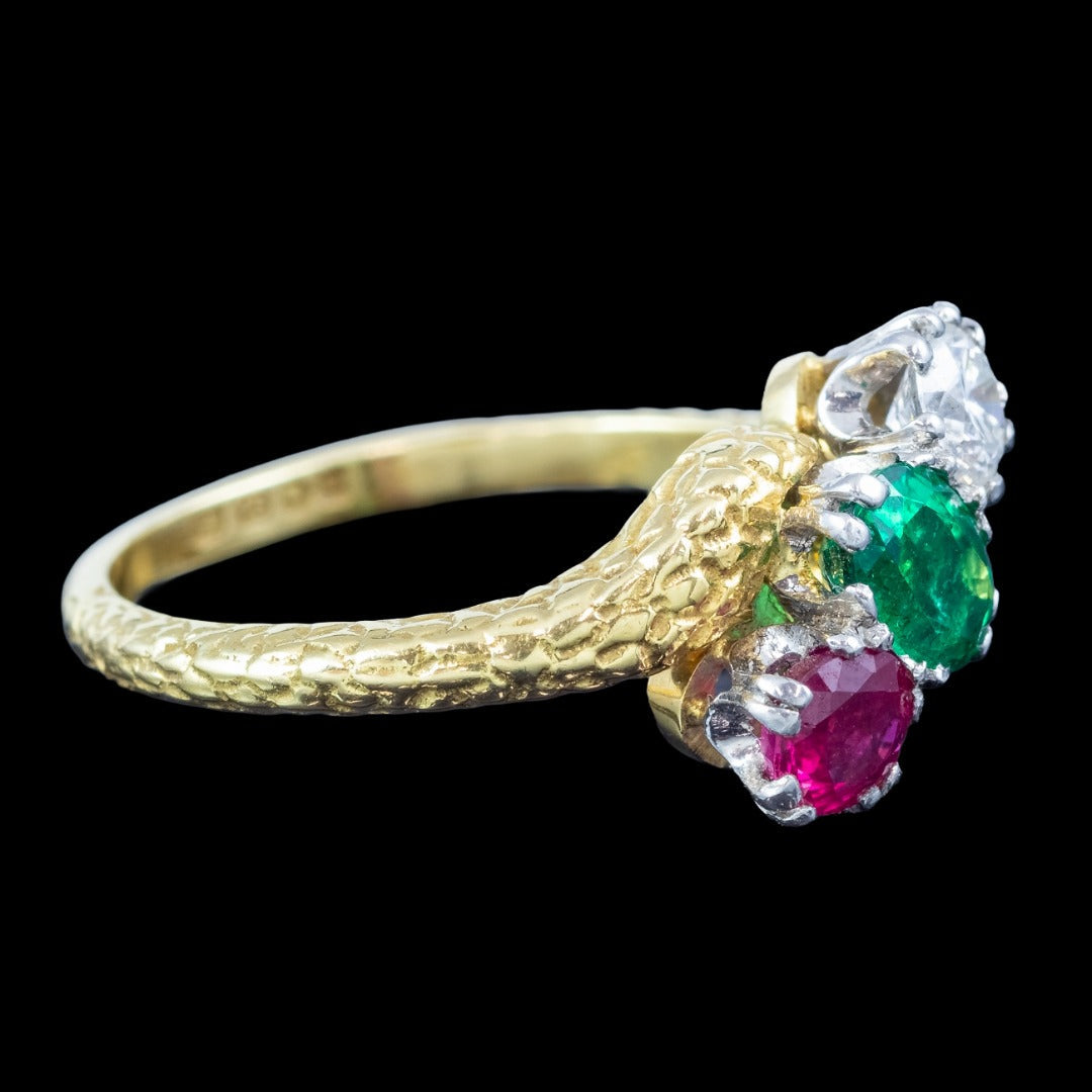 Vintage Emerald Ruby Diamond Trilogy Twist Ring Dated 1968