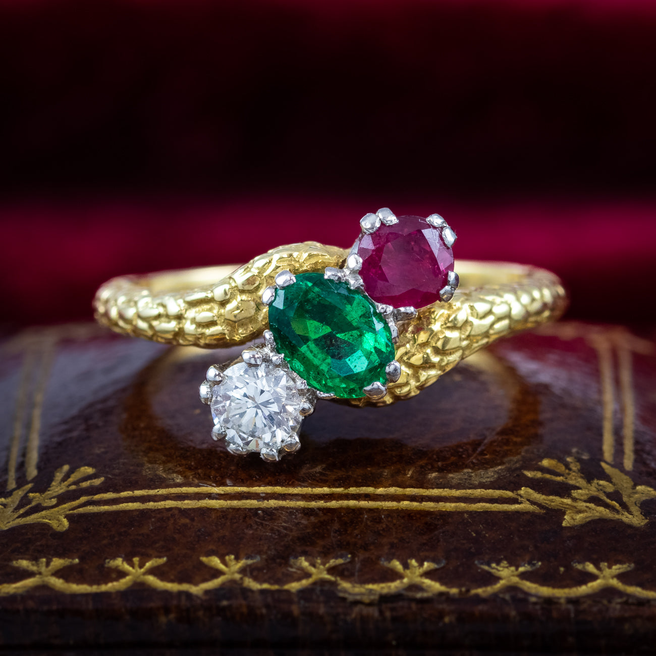 Vintage Emerald Ruby Diamond Trilogy Twist Ring Dated 1968