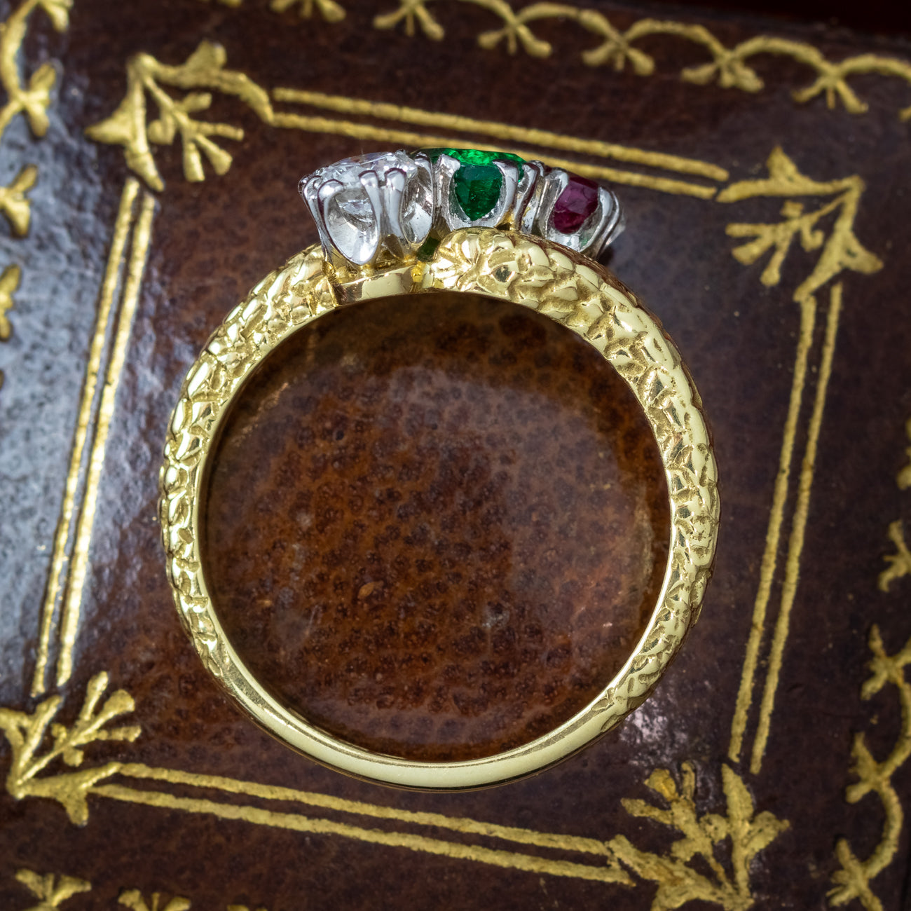 Vintage Emerald Ruby Diamond Trilogy Twist Ring Dated 1968