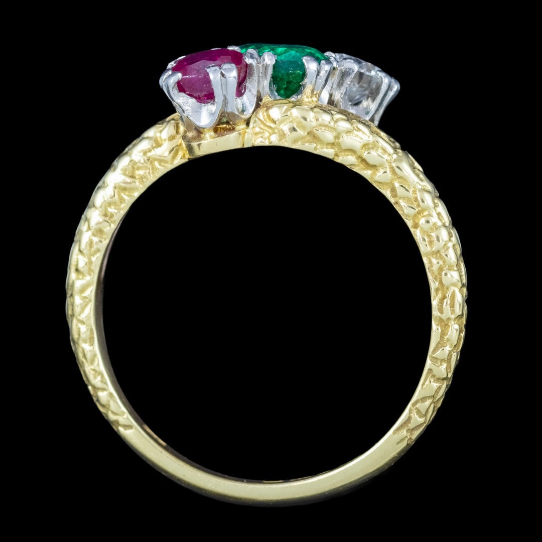 Vintage Emerald Ruby Diamond Trilogy Twist Ring Dated 1968