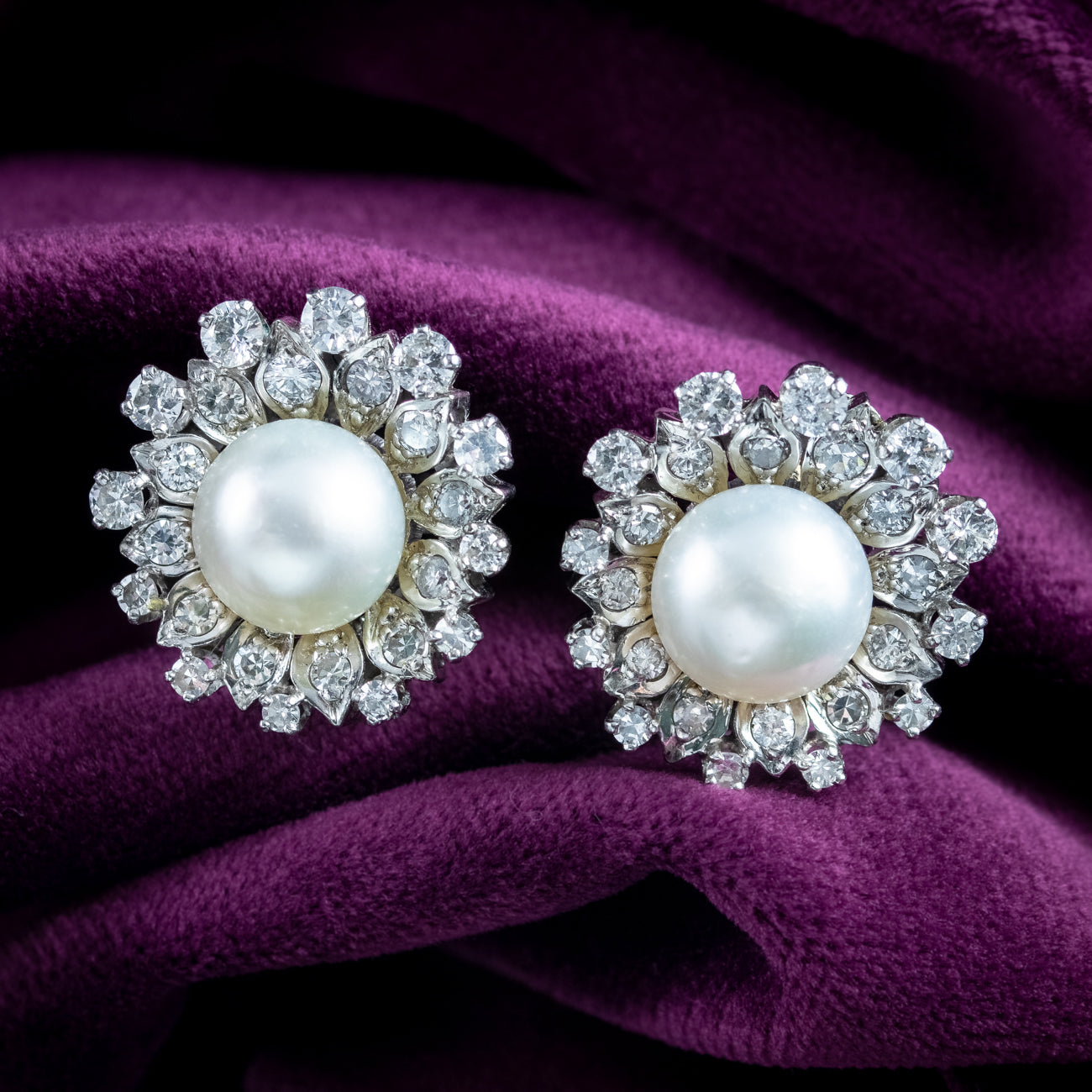 Vintage French Pearl Diamond Flower Clip Earrings 4ct Diamond Secondary image