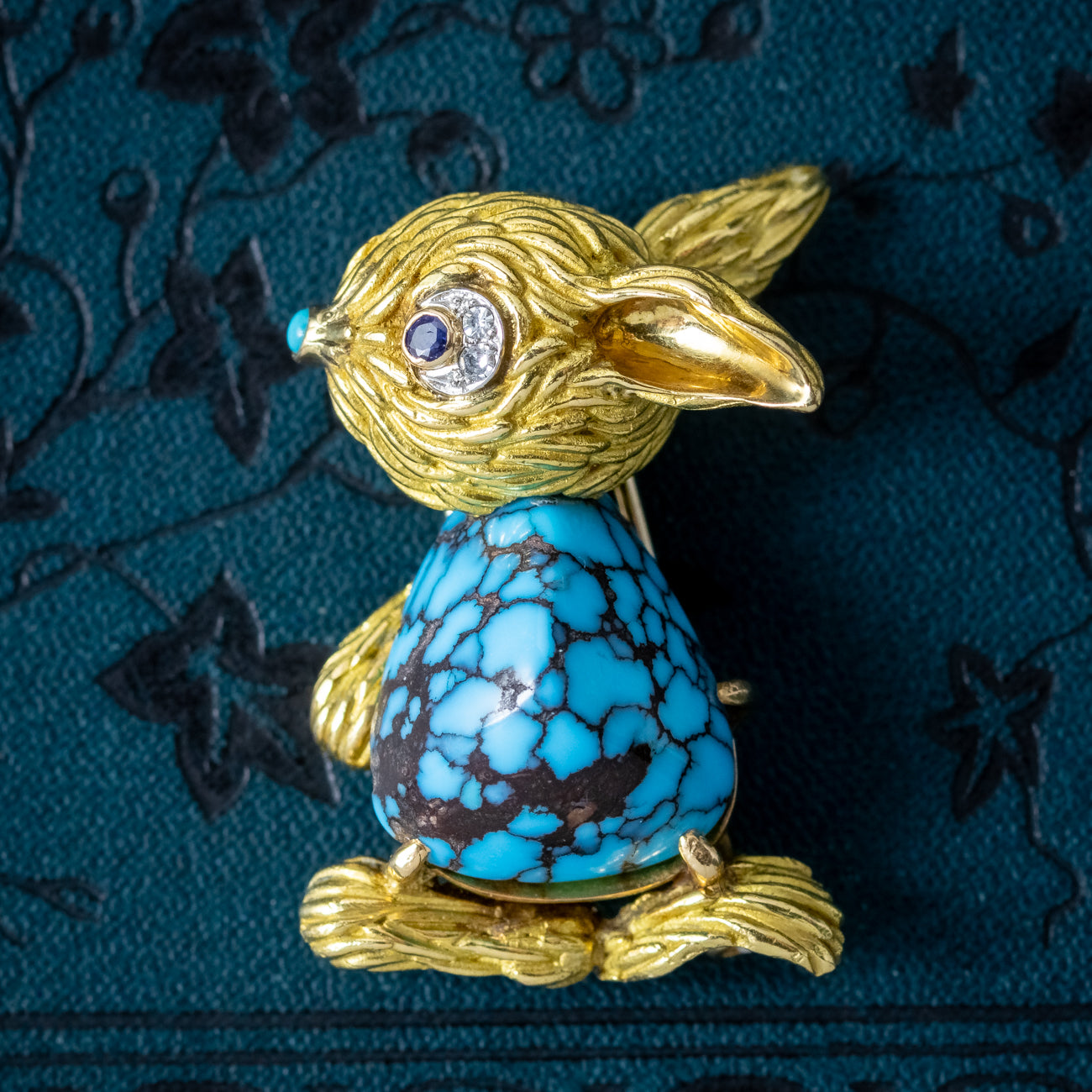 Vintage French Turquoise Diamond Sapphire Rabbit Brooch 18ct Gold Secondary image