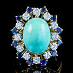 Vintage French Turquoise Sapphire Diamond Cocktail Ring 10ct Turquoise