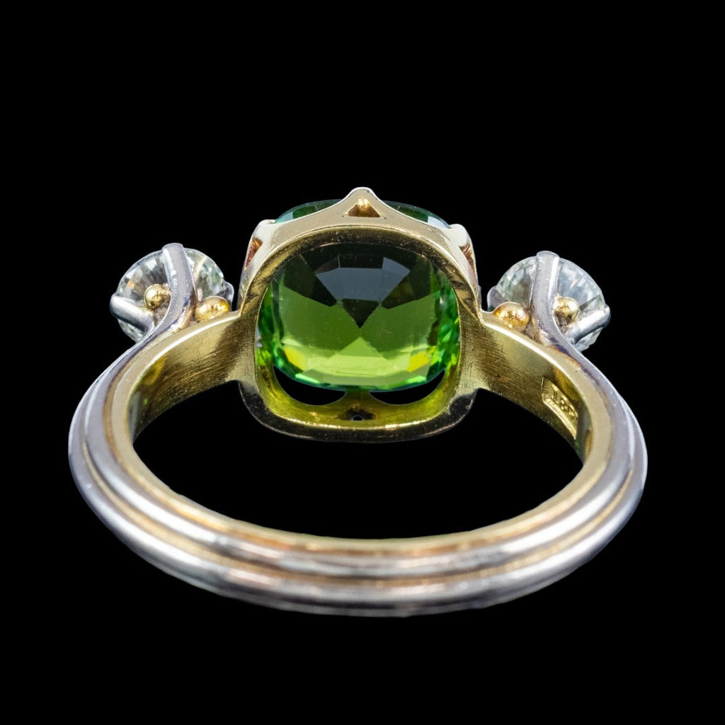 Vintage Green Tourmaline Diamond Trilogy Ring With Box