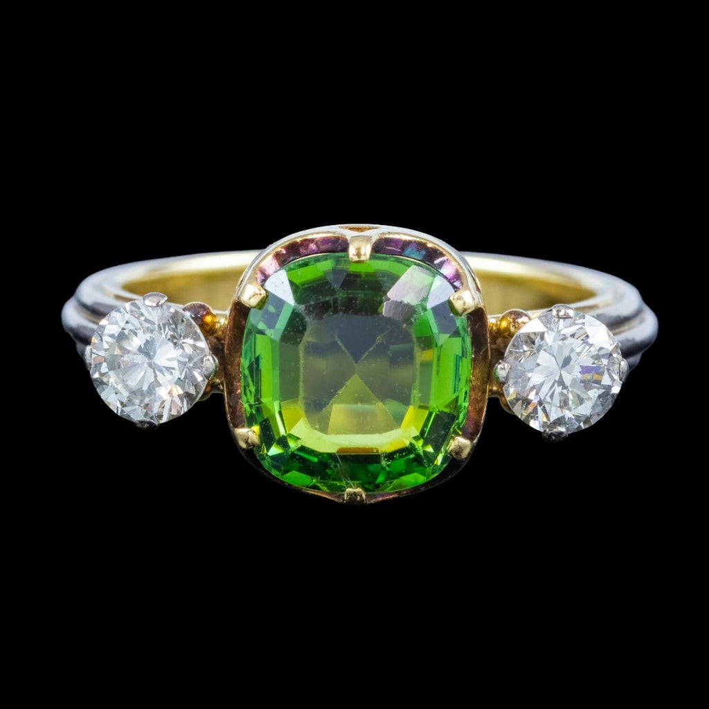 Vintage Green Tourmaline Diamond Trilogy Ring With Box