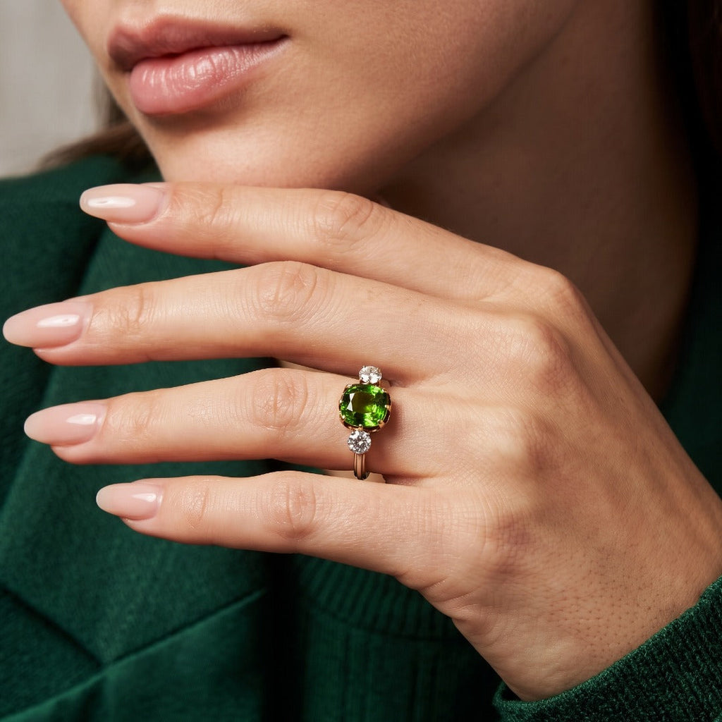 Vintage Green Tourmaline Diamond Trilogy Ring With Box