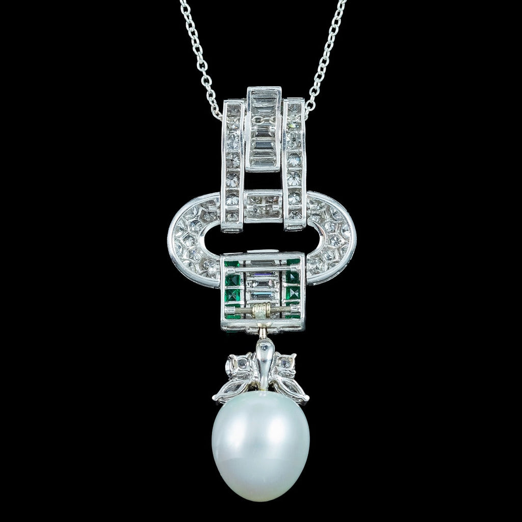 Vintage Pendant Necklace Pearl Emerald Diamond 18ct Gold With Box