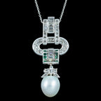 Vintage Pendant Necklace Pearl Emerald Diamond 18ct Gold With Box