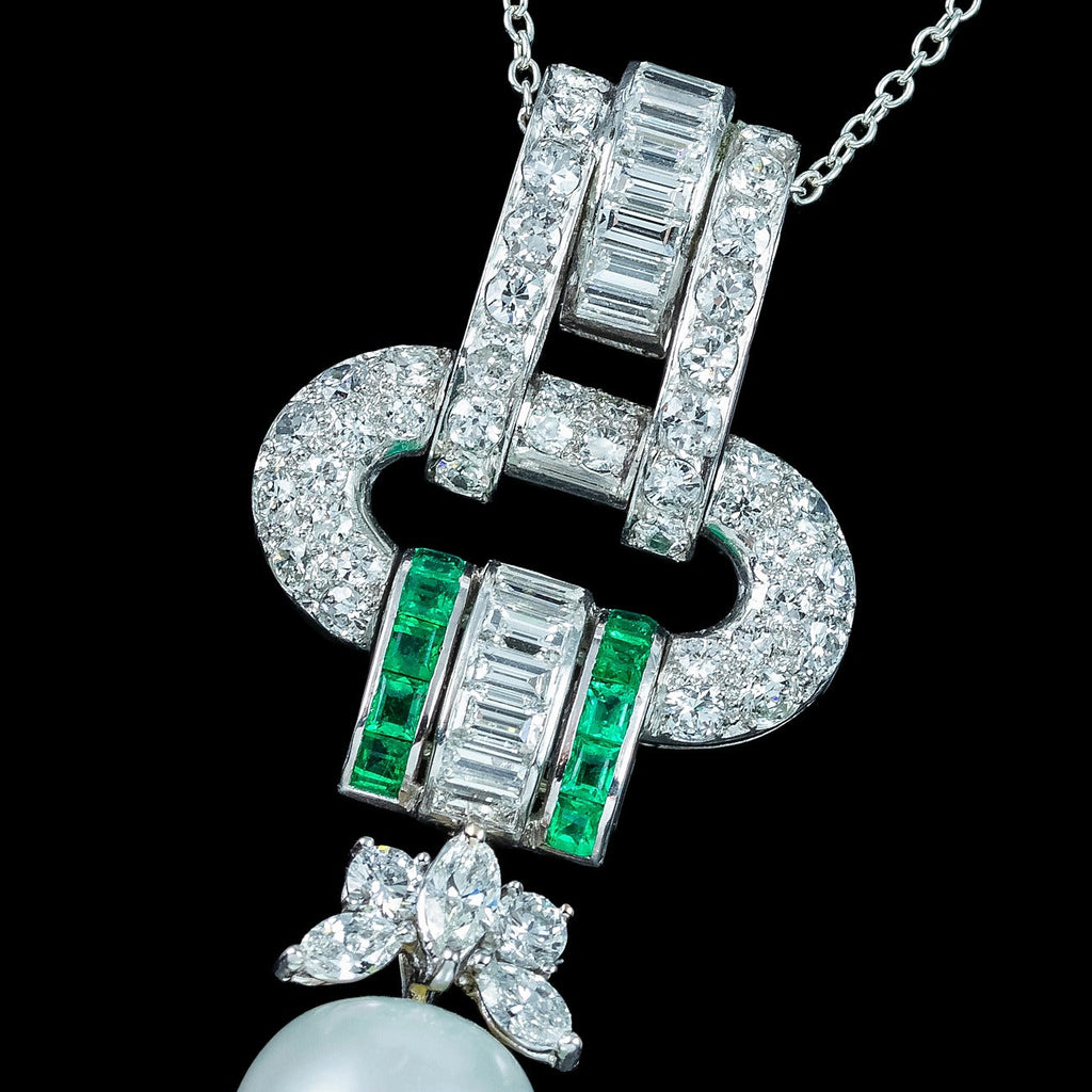 Vintage Pendant Necklace Pearl Emerald Diamond 18ct Gold With Box