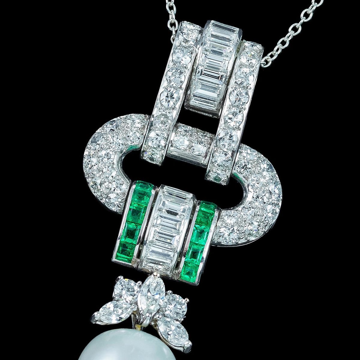 Vintage Pendant Necklace Pearl Emerald Diamond 18ct Gold With Box