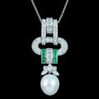 Vintage Pendant Necklace Pearl Emerald Diamond 18ct Gold With Box