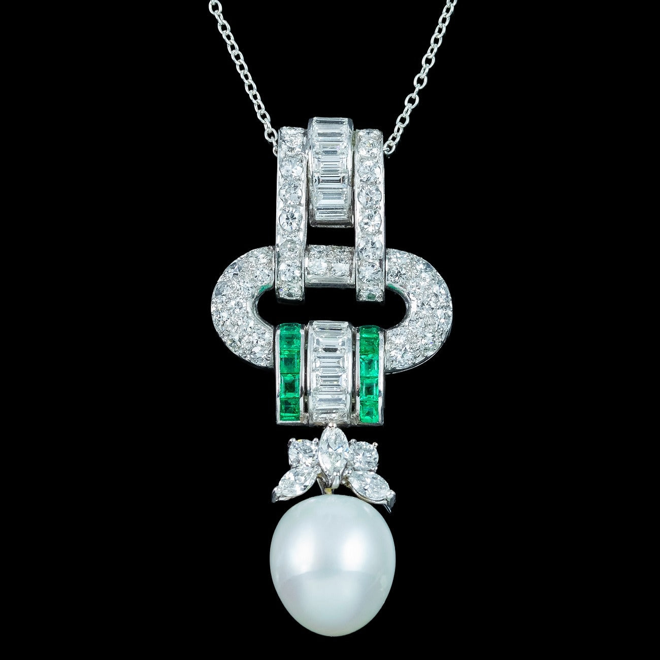 Vintage Pendant Necklace Pearl Emerald Diamond 18ct Gold With Box