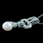 Vintage Pendant Necklace Pearl Emerald Diamond 18ct Gold With Box