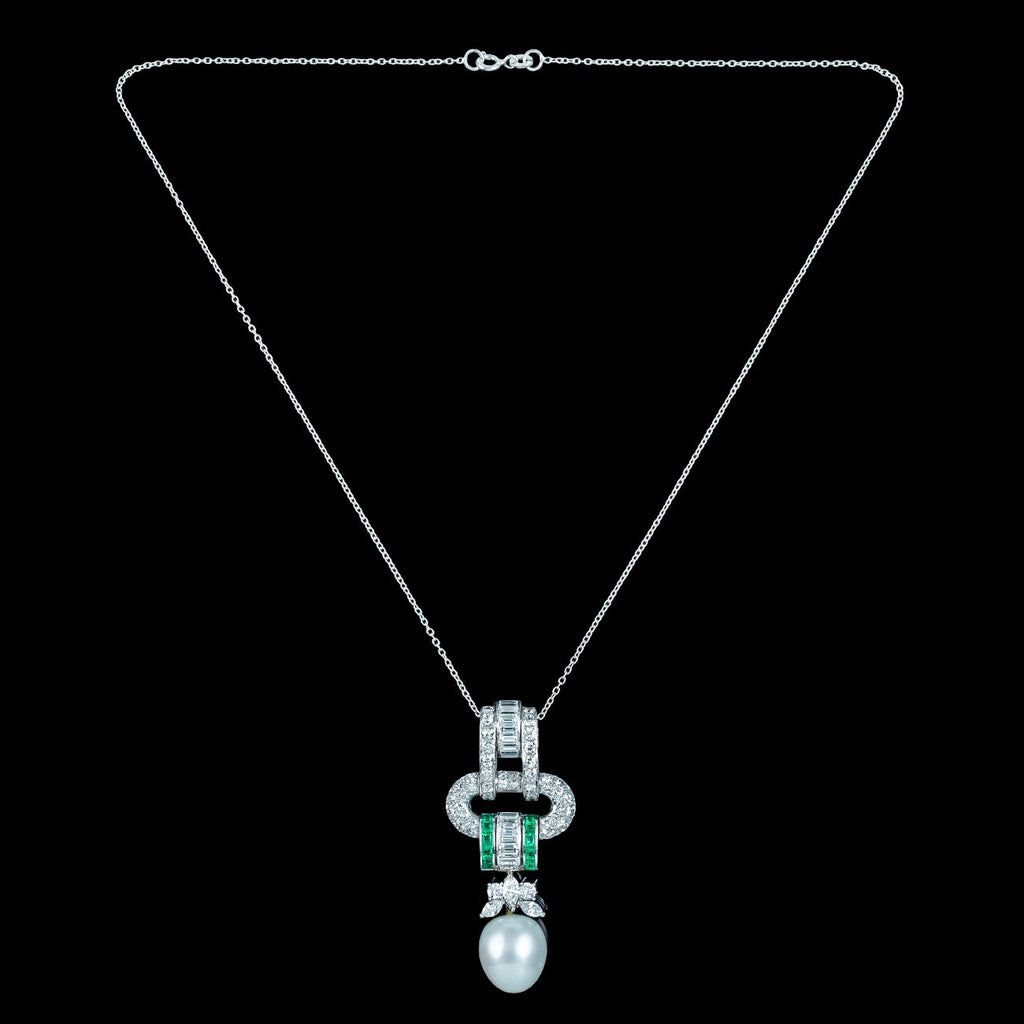 Vintage Pendant Necklace Pearl Emerald Diamond 18ct Gold With Box