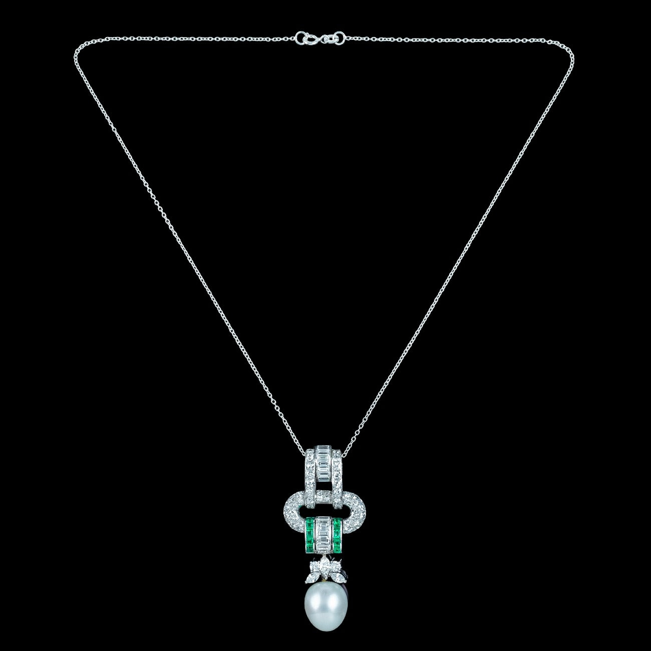 Vintage Pendant Necklace Pearl Emerald Diamond 18ct Gold With Box