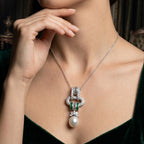 Vintage Pendant Necklace Pearl Emerald Diamond 18ct Gold With Box