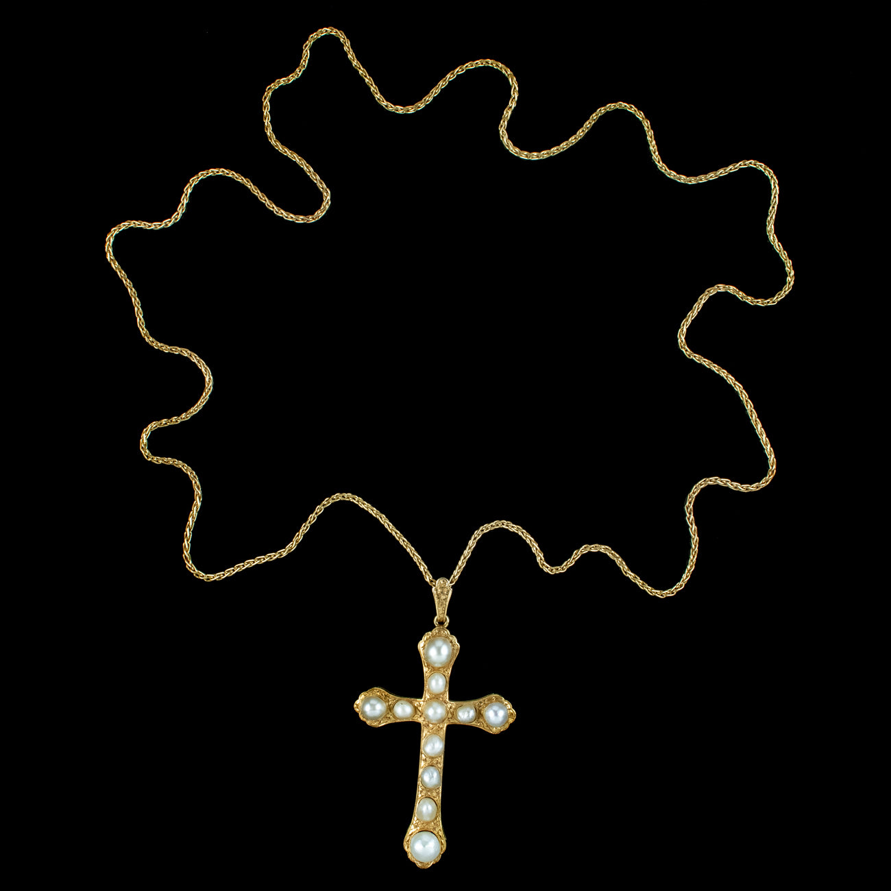 Vintage Natural Baroque Pearl Cross Pendant Necklace 18ct Gold