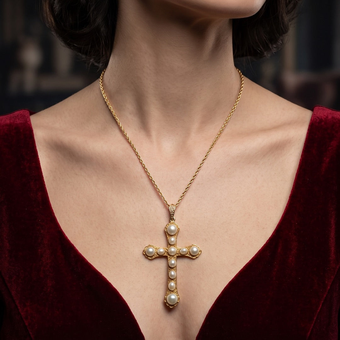 Vintage Baroque Pearl Cross Pendant Necklace 18ct Gold