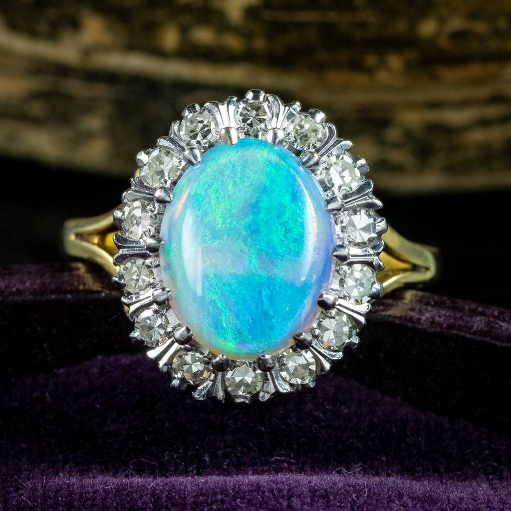 Vintage Opal Diamond Cluster Ring 3.3ct Natural Opal Dated 1975