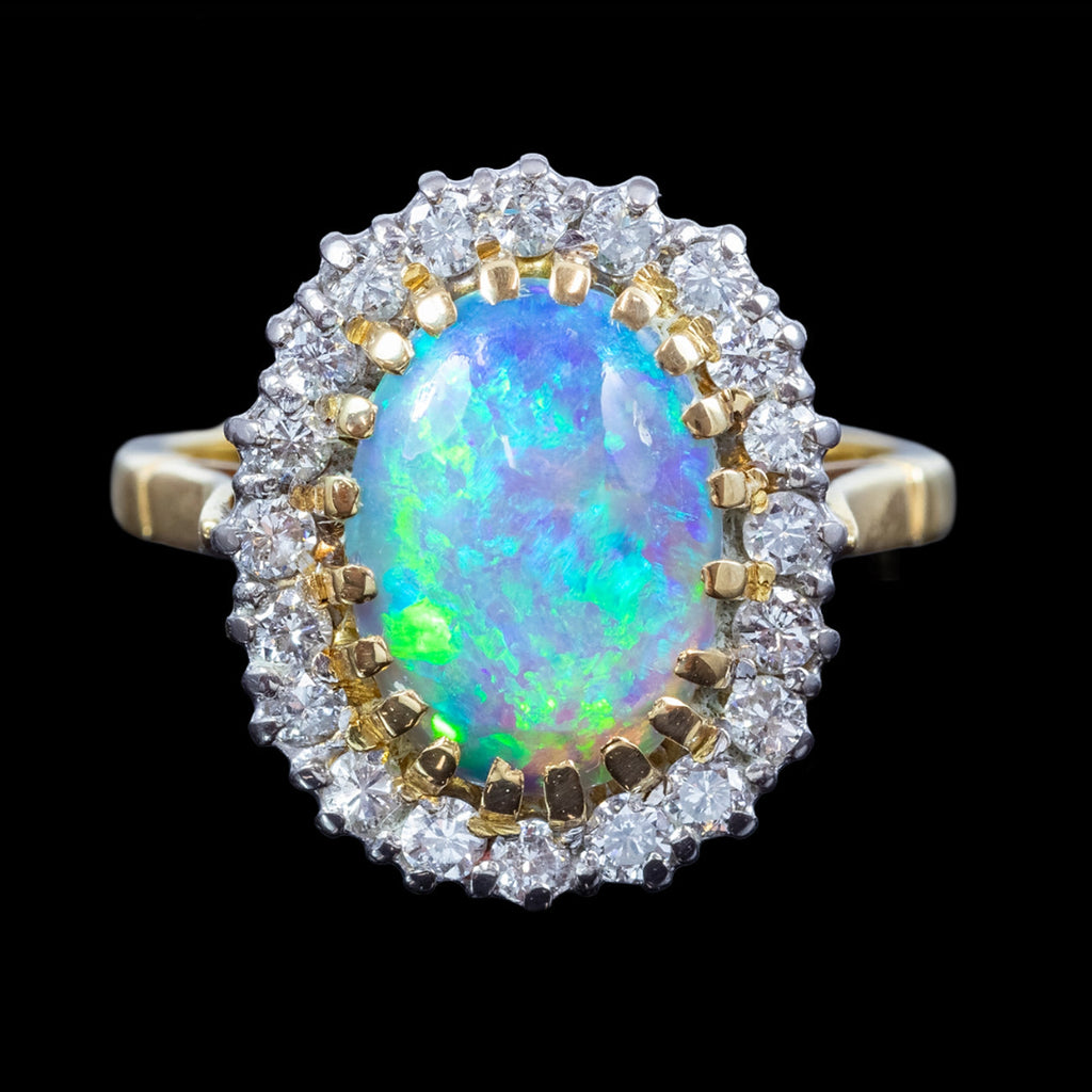 Vintage Opal Diamond Cluster Ring 2ct Natural Opal